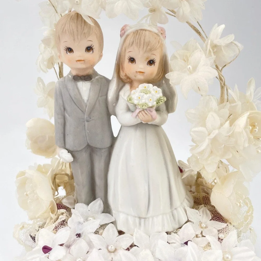 Vintage Wedding Cake Topper Porcelain Bride Groom Floral Arch Lace